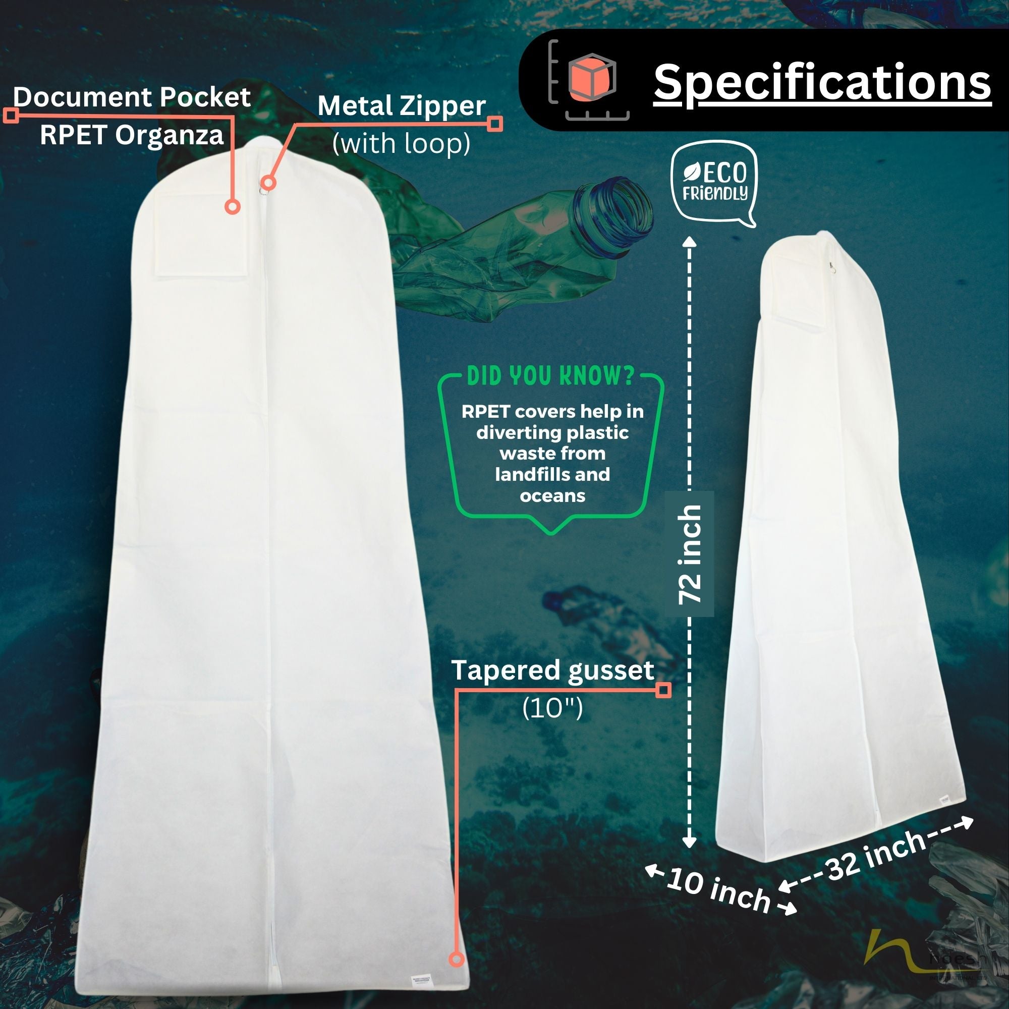 Eco-Friendly Bridal Dress Cover | 22" x 32" x 72" | Sustainable Garment Bag for Wedding Gowns & Formal Wear | Durable, Breathable Protection | Recycled Materials