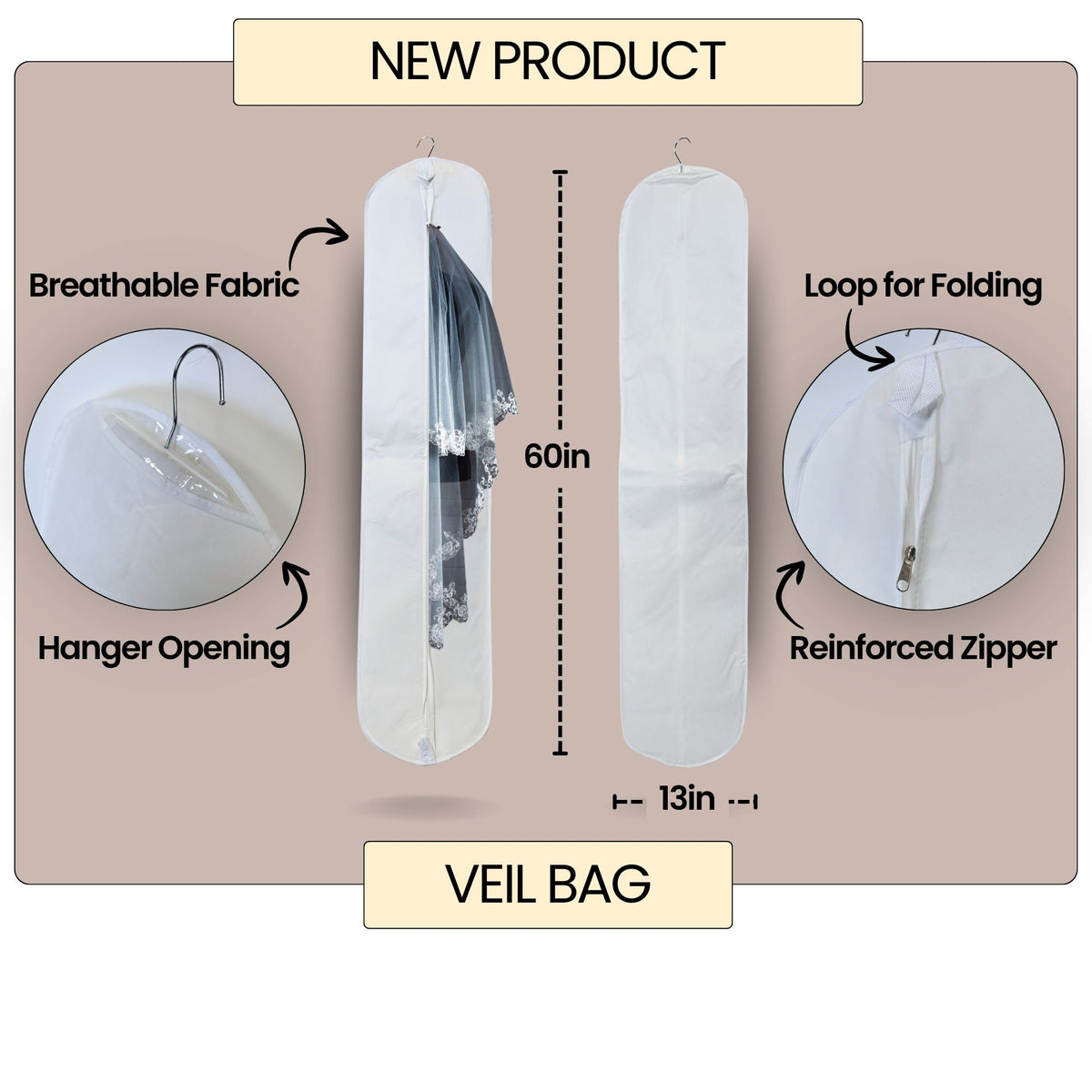 Breathable Veil Garment Bag — 60" x 13" Bridal Veil Storage & Travel Cover