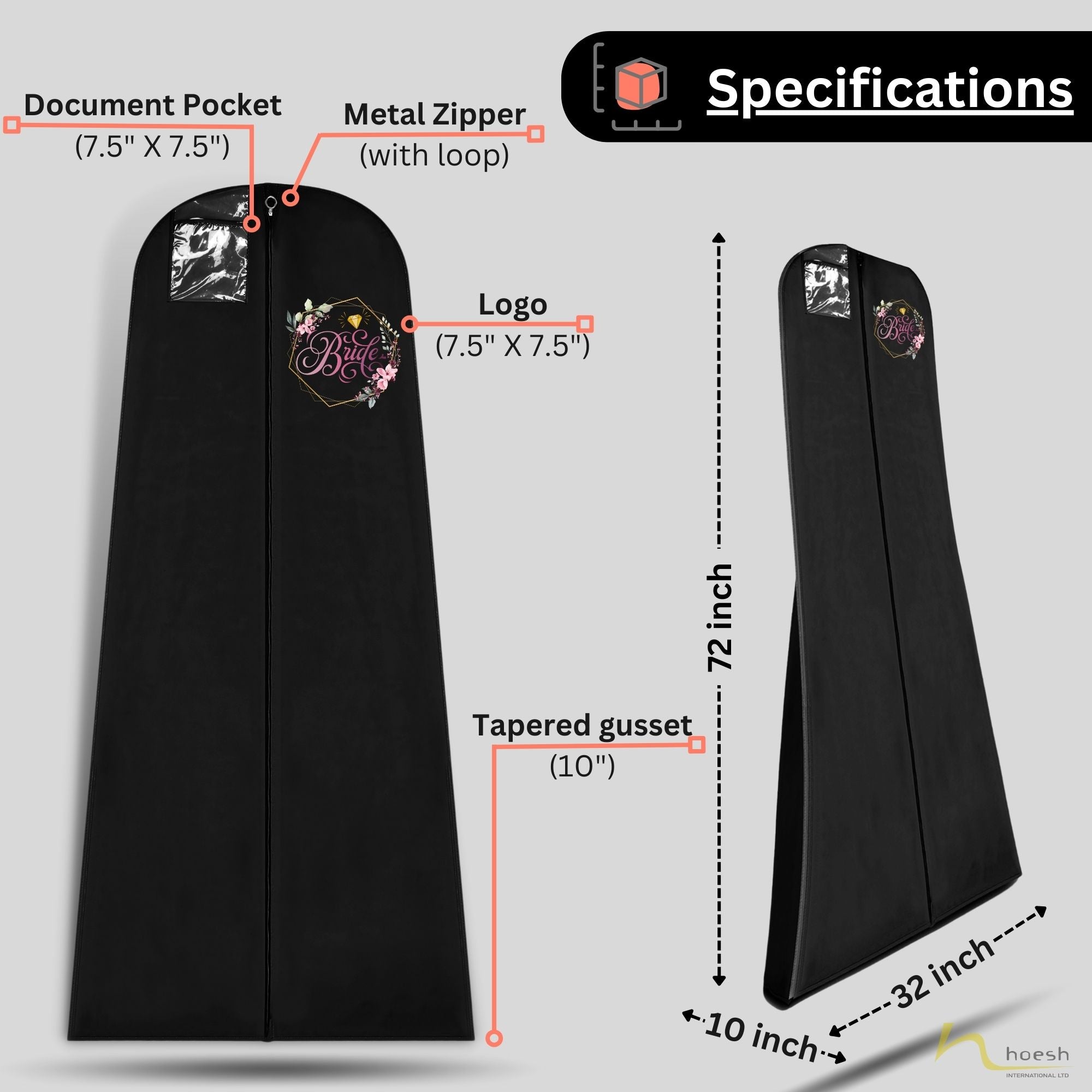 Hoesh UK Bridal Gown Garment Bag - Printed Wedding Dress Bag | Long Dress Covers for Bride