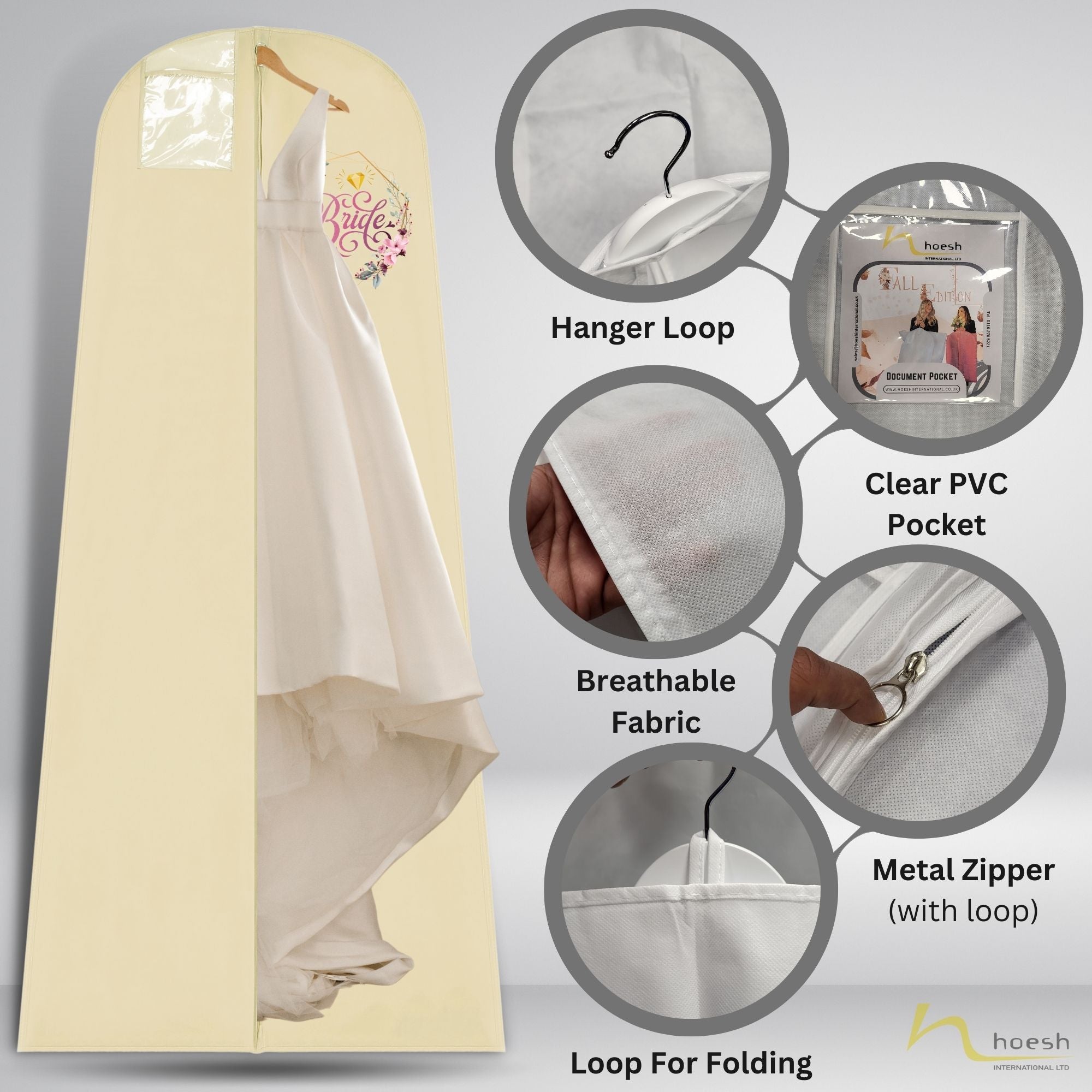 Hoesh UK Bridal Gown Garment Bag - Printed Wedding Dress Bag | Long Dress Covers for Bride
