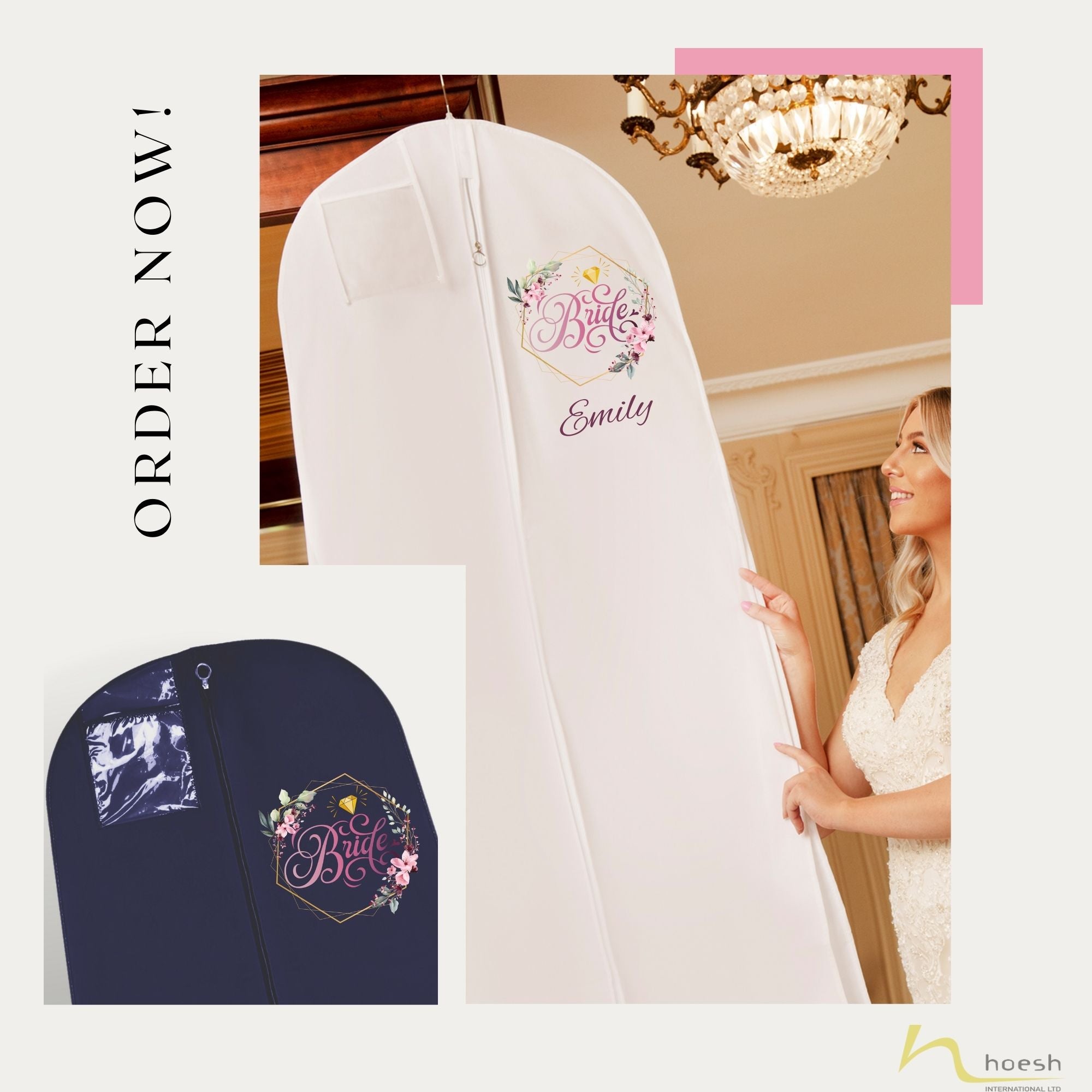 Hoesh UK Bridal Gown Garment Bag - Printed Wedding Dress Bag | Long Dress Covers for Bride